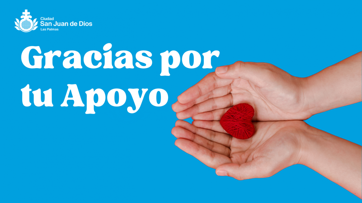 Imagen de manos con un corazón de tela y la frase "gracias por tu apoyo"